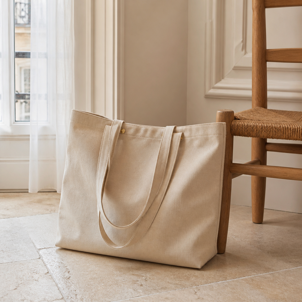 Cabas Naturel en coton canvas écru posé au sol dans un appartement